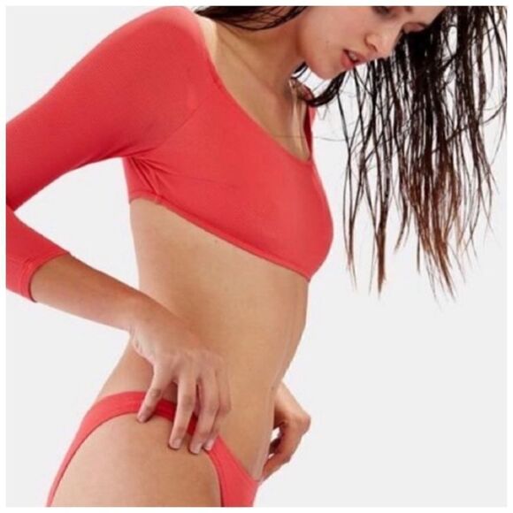 Solid & Striped Elise Coral Long Sleeve Crop Swim Top Sz L - Picture 4 of 7